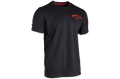 Black t-shirt with red text on a white background