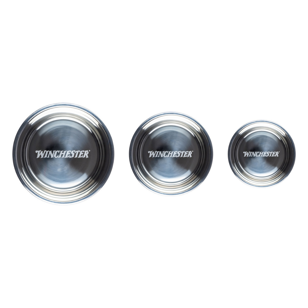 Three metallic Winchester containers on a white background