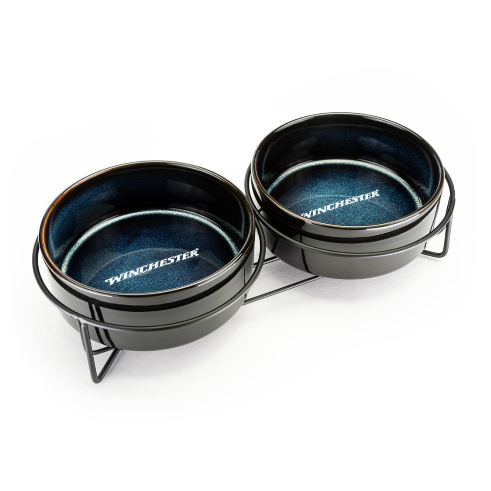 Two black metal bowls with 'Winchester' branding on a white background