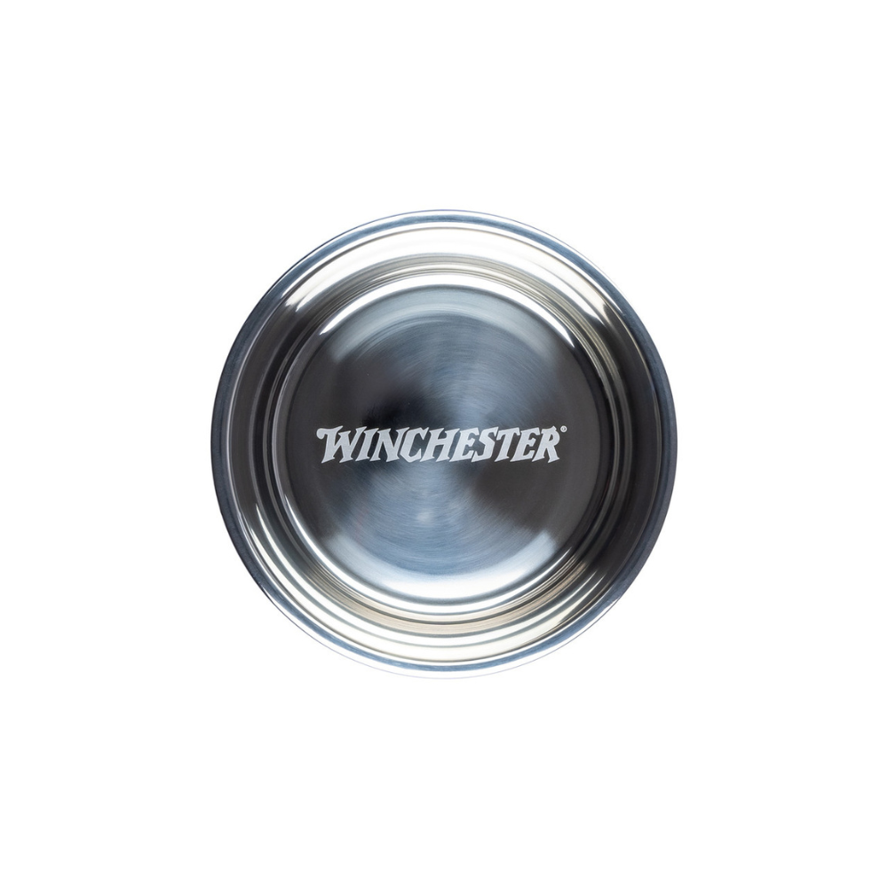 Metal bowl with 'Winchester' branding on a white background