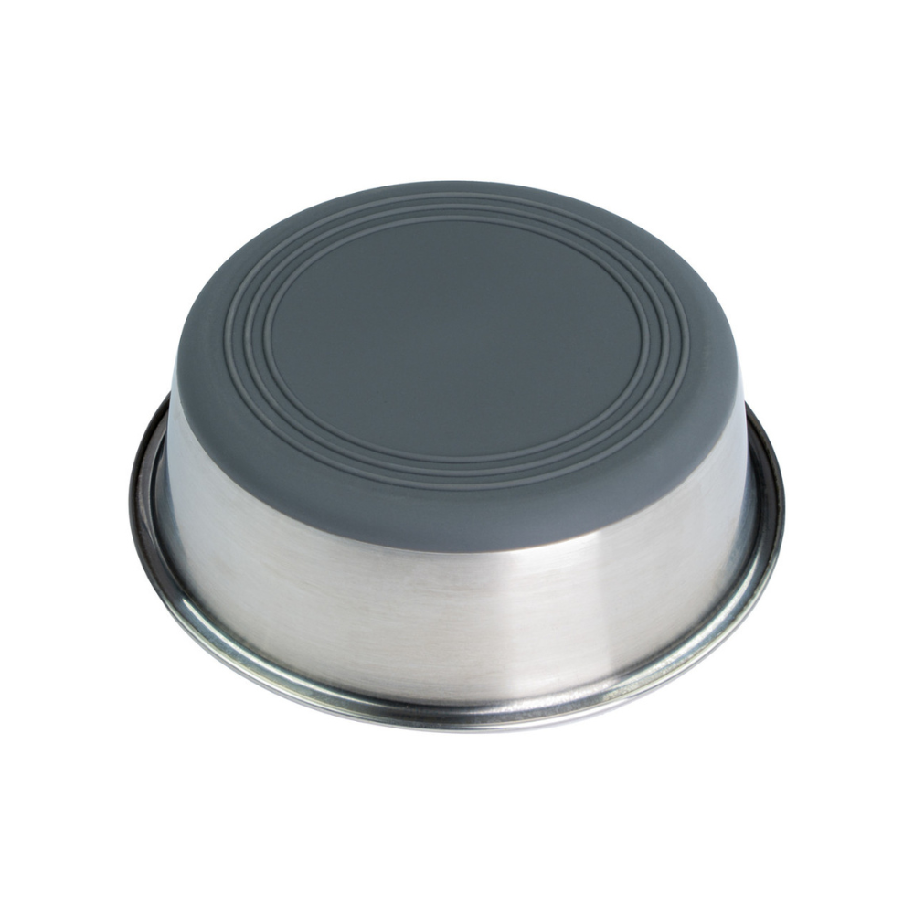 Stainless steel dog bowl with a gray lid on a white background