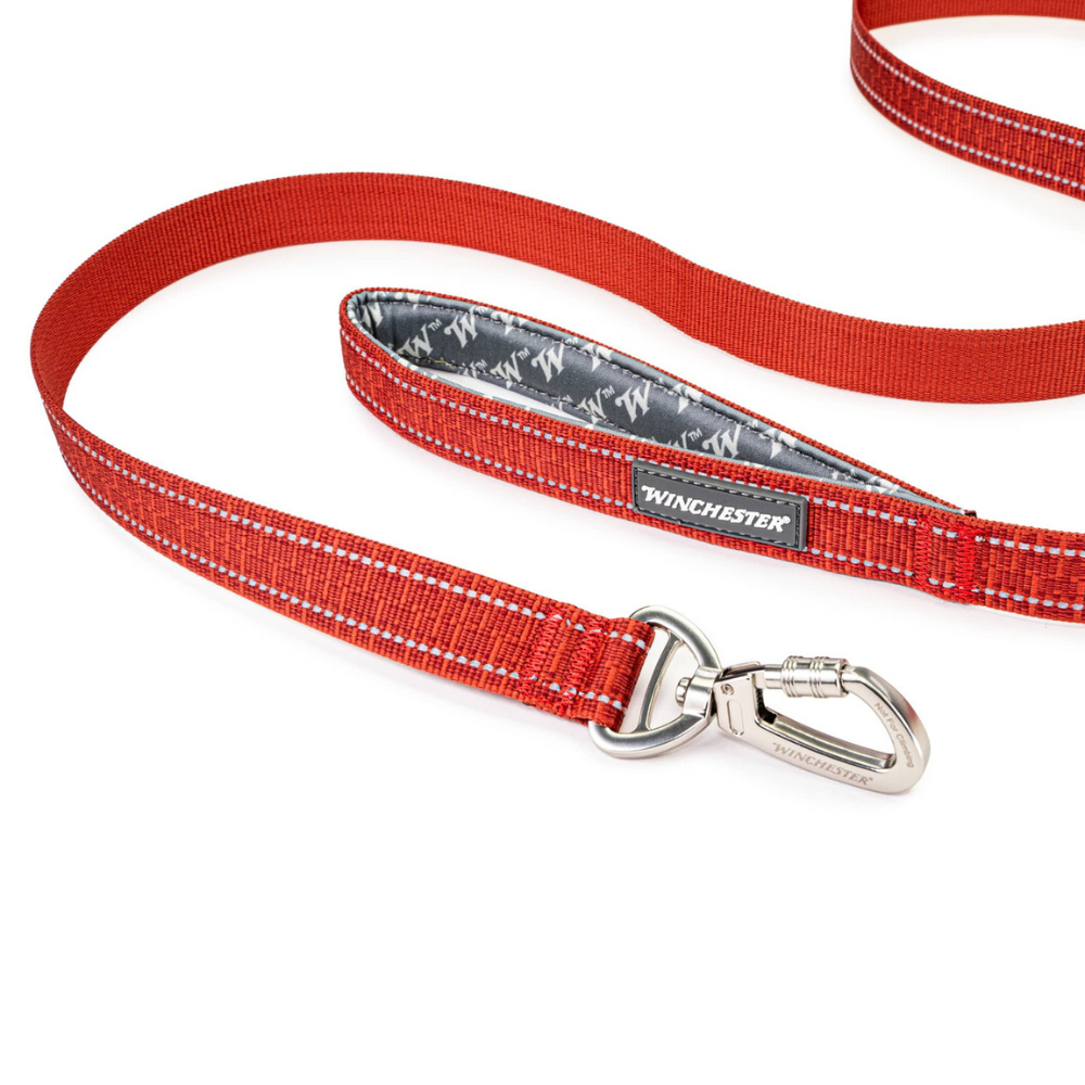 Red dog leash with silver clip and 'Winchester' branding on a white background