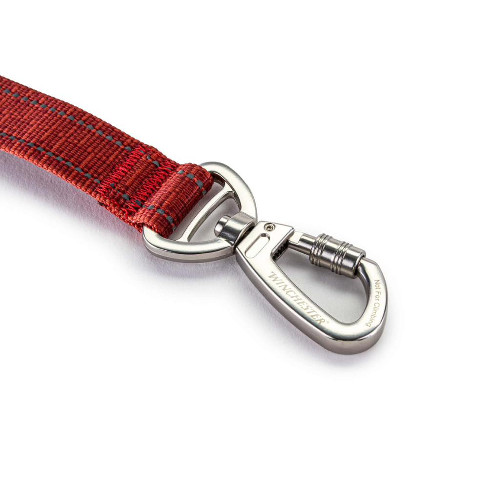 Red dog leash with a silver metal clip on a white background