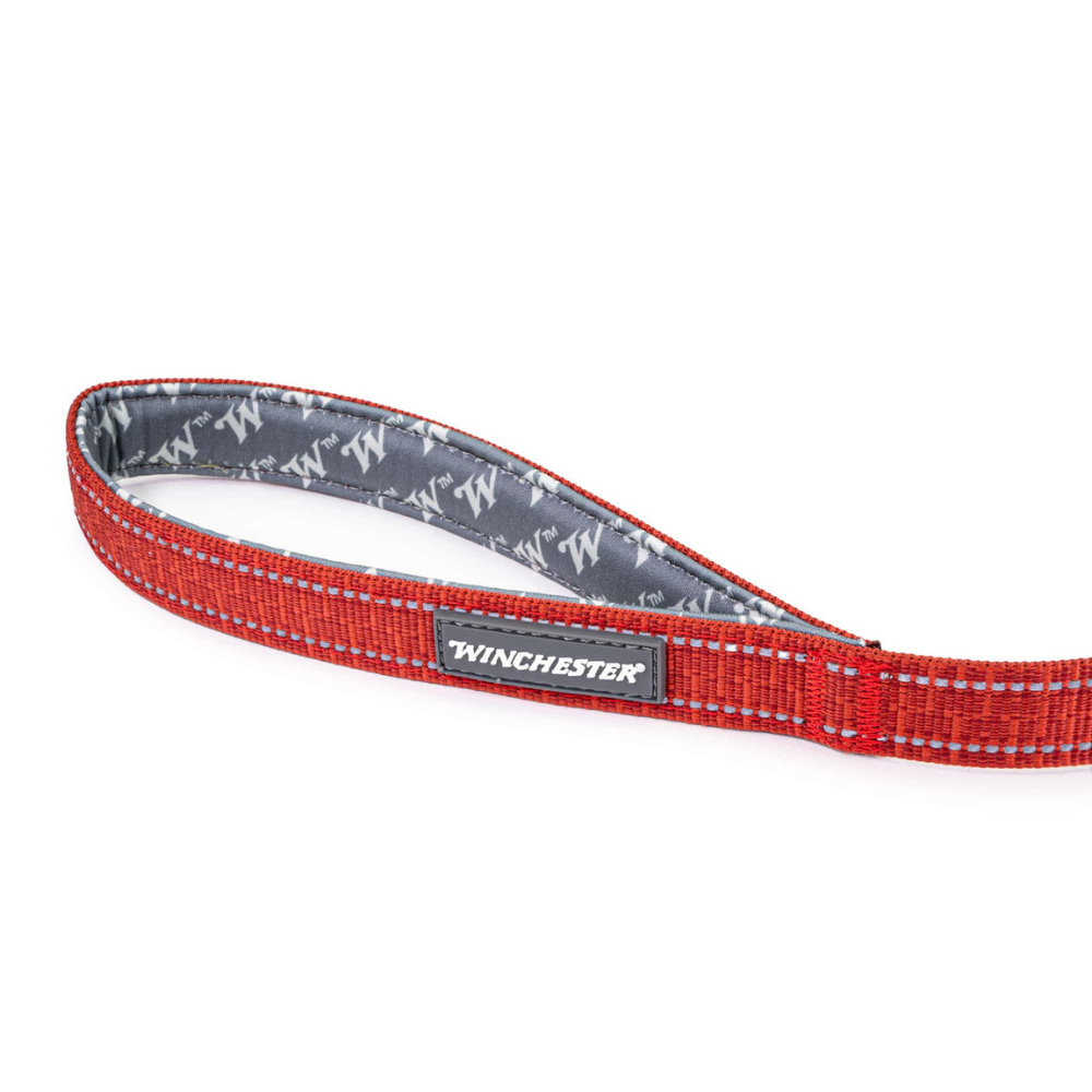 Red dog leash with gray patterned interior and Winchester branding on a white background