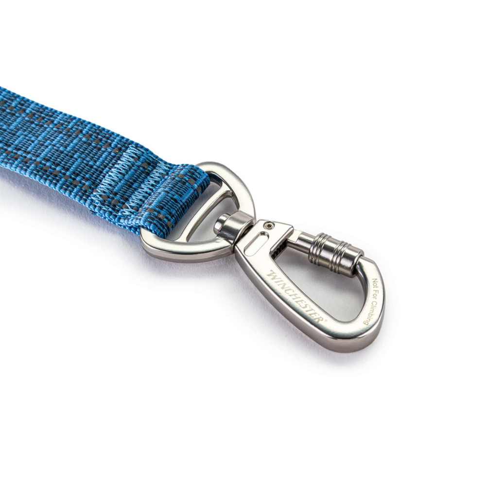 Blue webbing strap with a silver metal clip on a white background