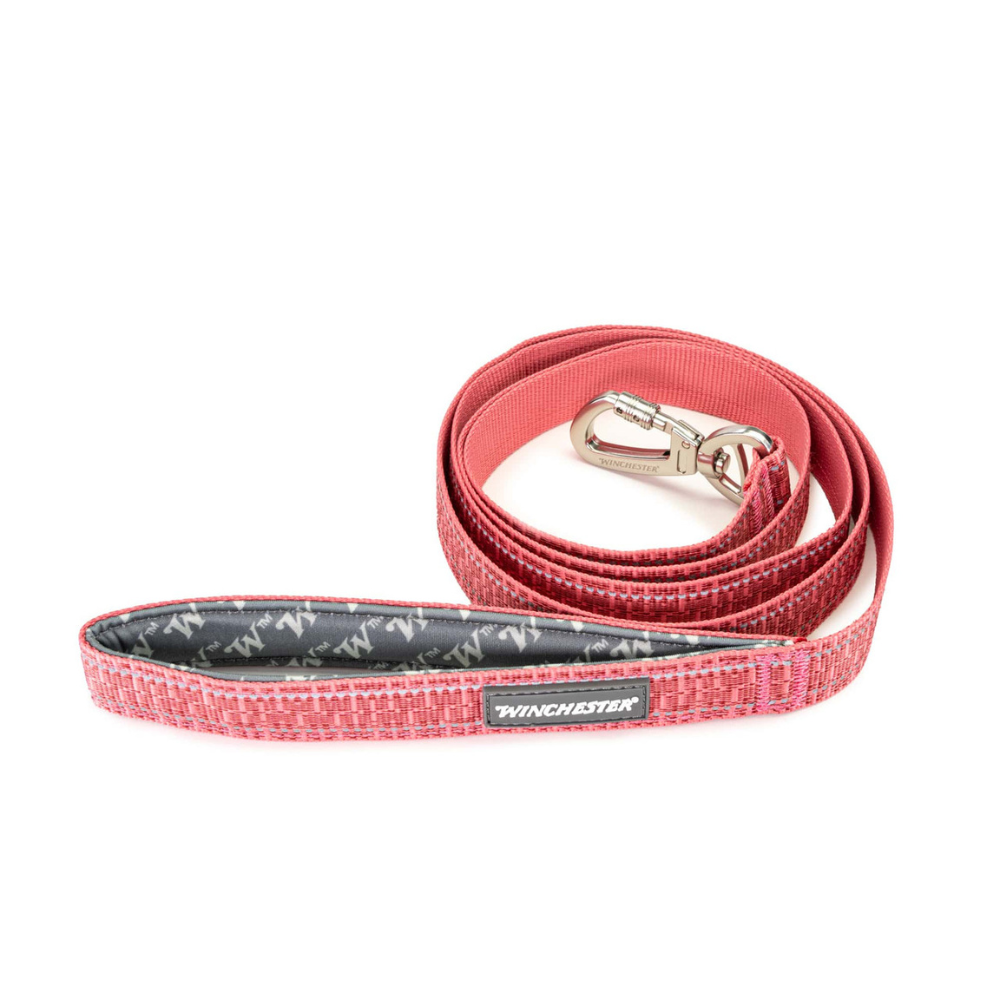 Red dog leash with a silver clasp on a white background