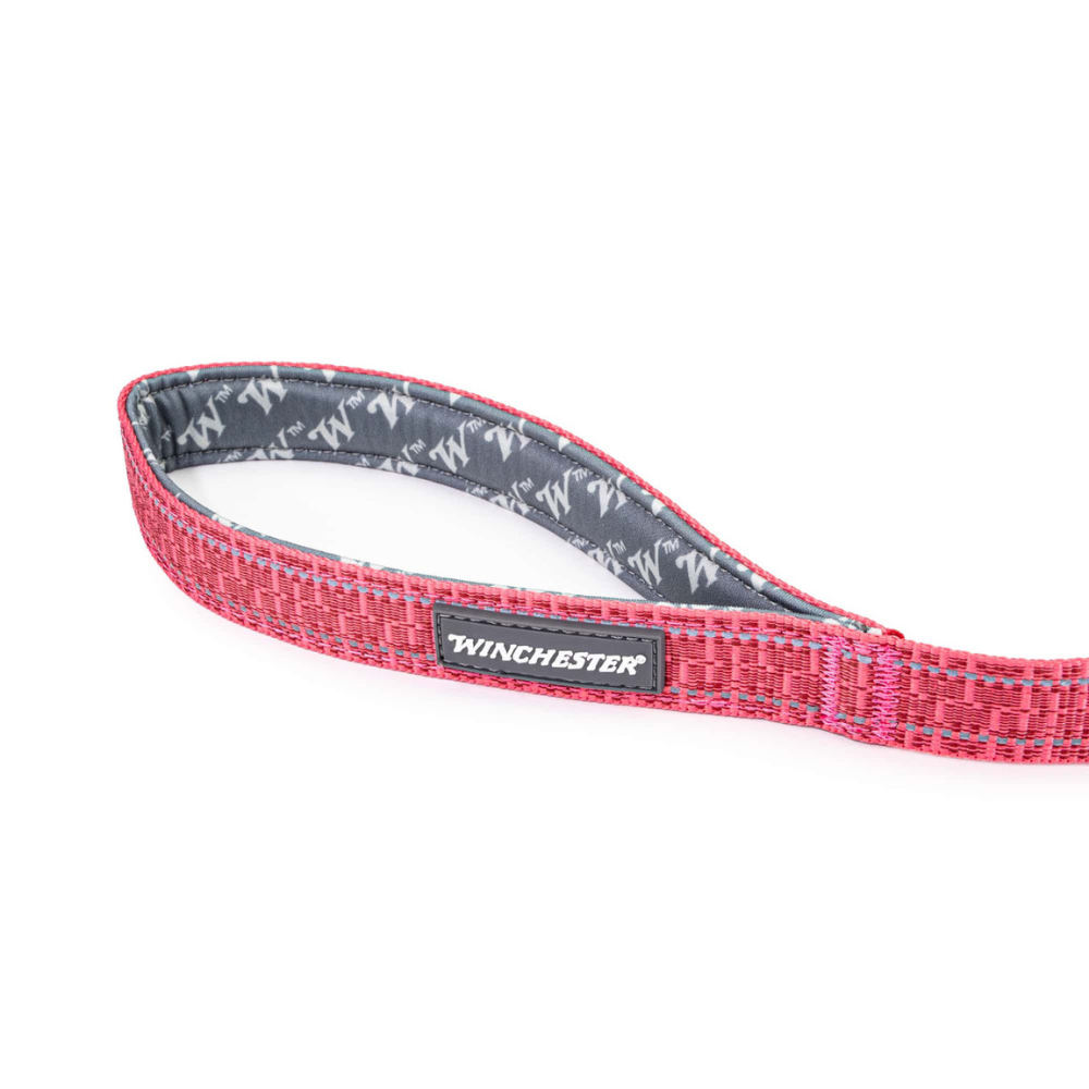 Red dog leash with gray pattern and Winchester logo on a white background