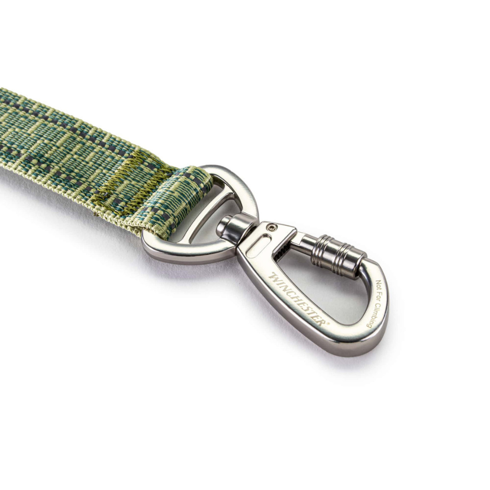 Green woven dog leash with silver metal clip on a white background