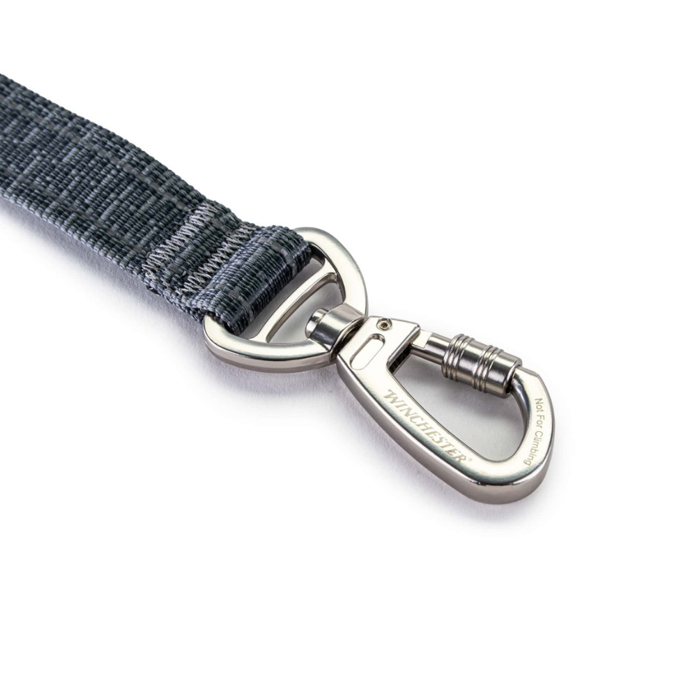 Gray dog leash with a silver metal clip on a white background