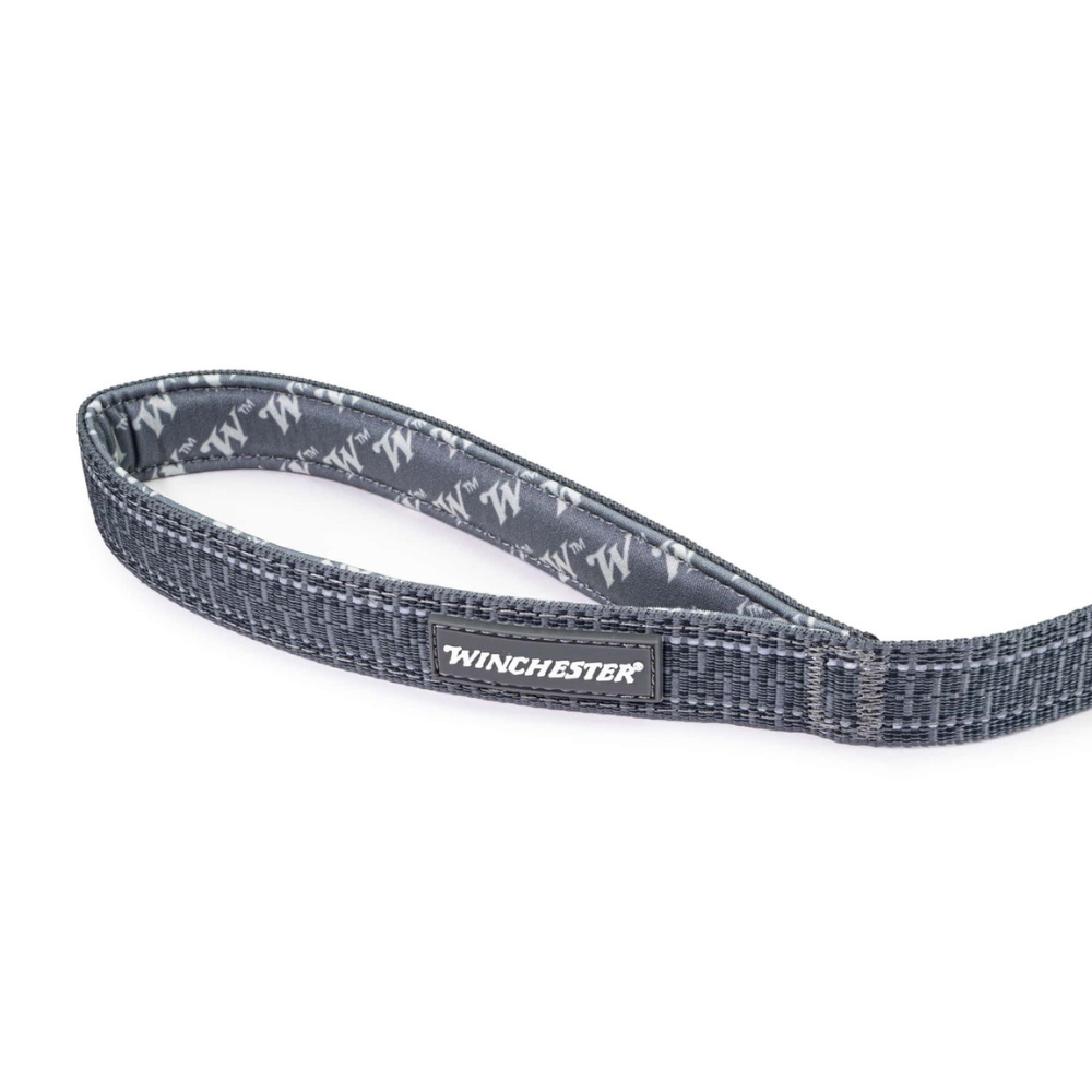 Gray dog leash with 'Winchester' branding on a white background