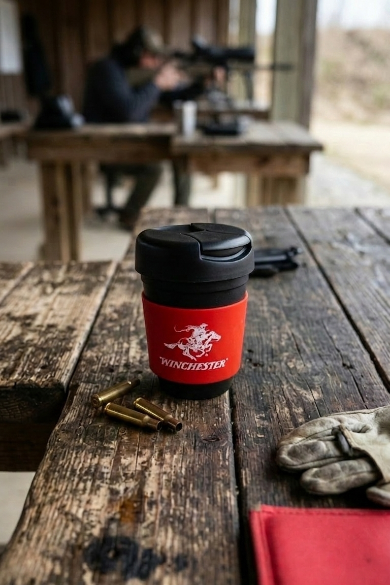 Winchester travel coffee cup side view showing lid detail