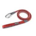 Red and gray dog leash with carabiner on a white background
