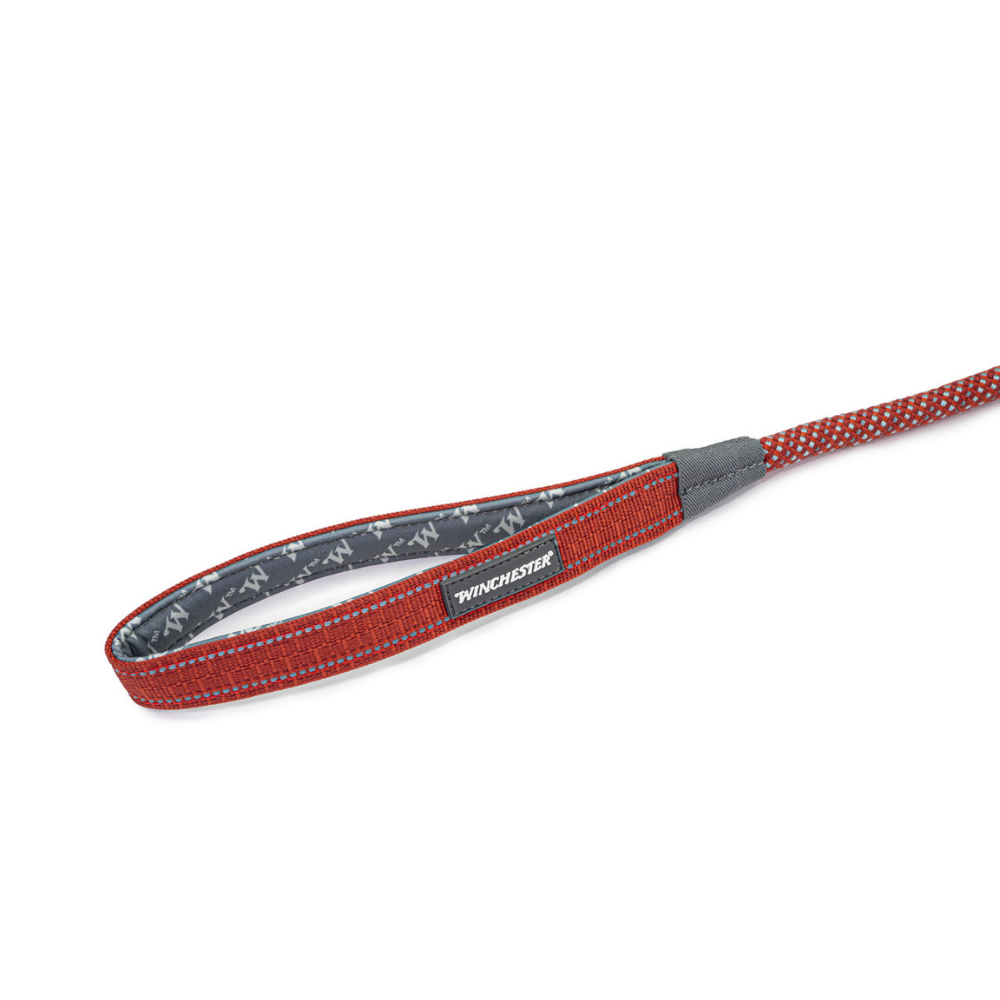 Red and gray dog leash with Winchester branding on a white background