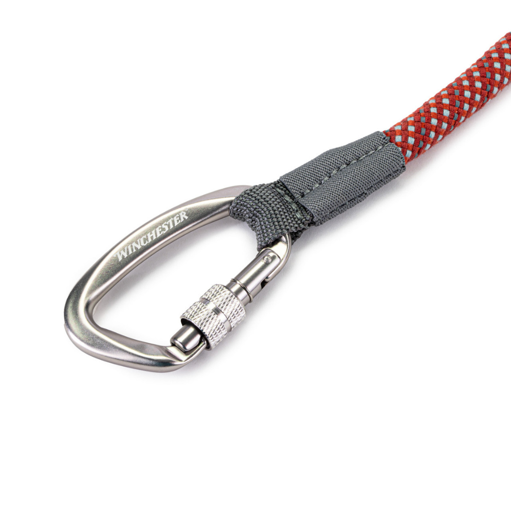 Dog leash with carabiner and red and gray braided design on a white background