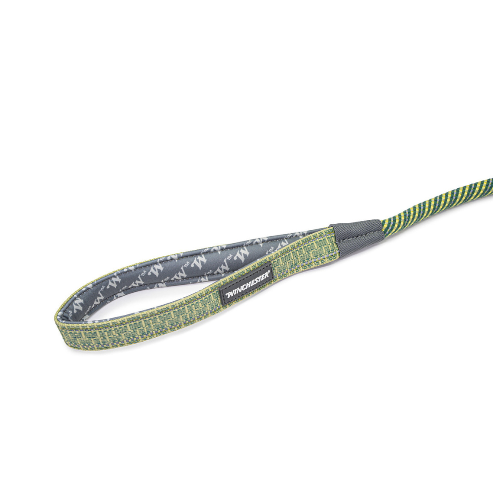 Dog leash with gray and green pattern on a white background