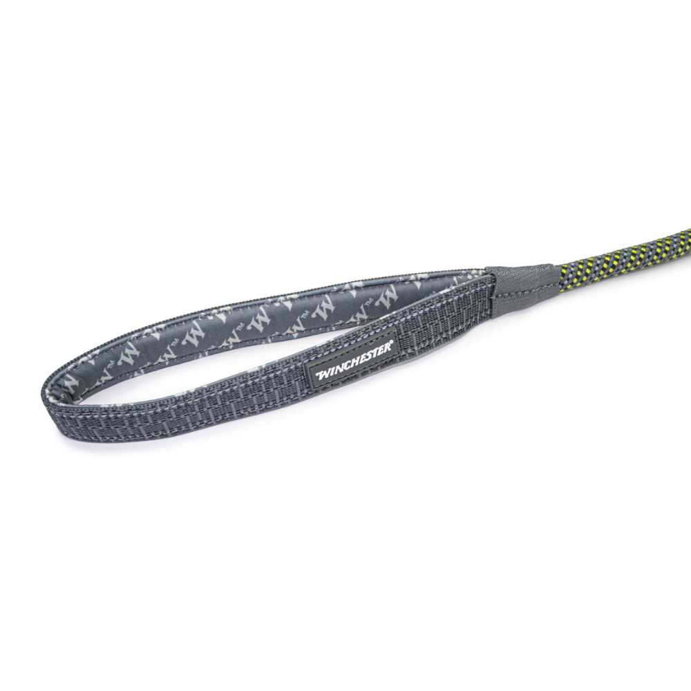 Gray dog leash with yellow accents on a white background