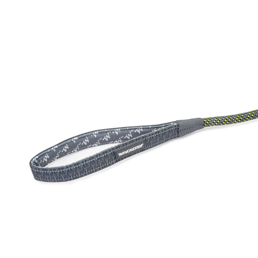 Gray dog leash with yellow pattern on a white background