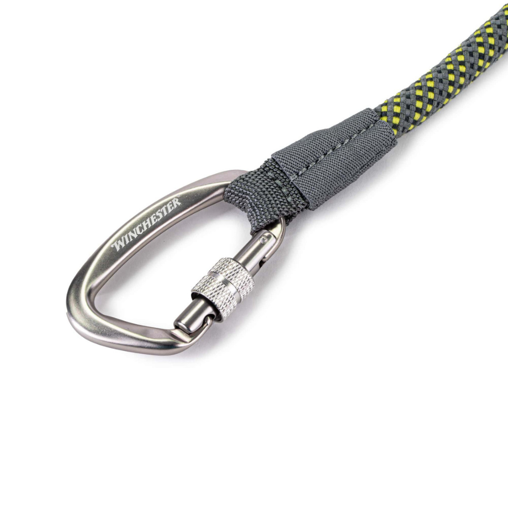 Gray rope with a metal carabiner on a white background