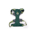 Green dog harness with gray accents on a white background