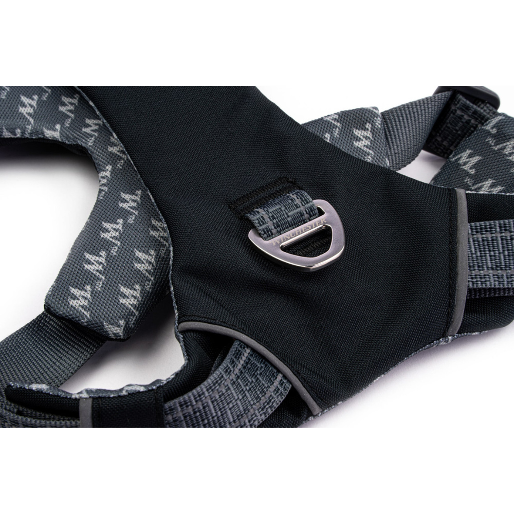 Black dog harness with gray straps on a white background