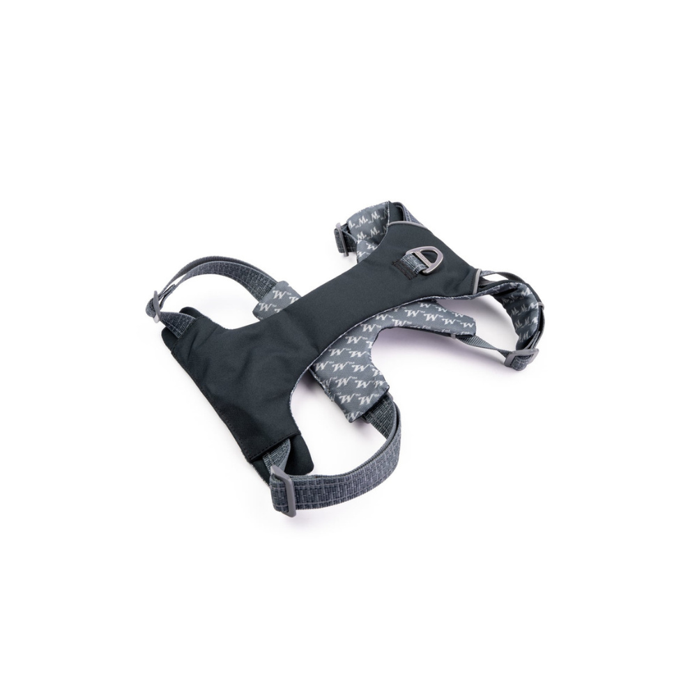 Black and gray dog harness on a white background
