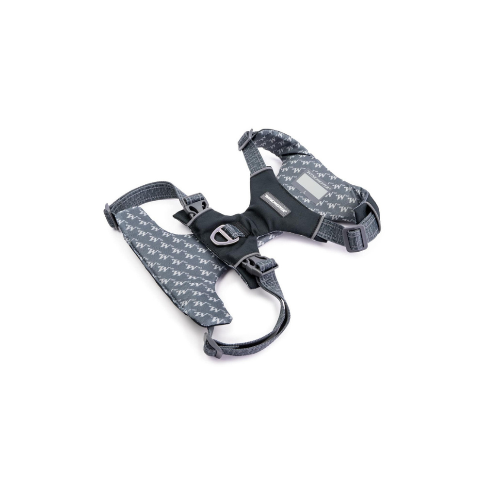 Dog harness with patterned design on a white background