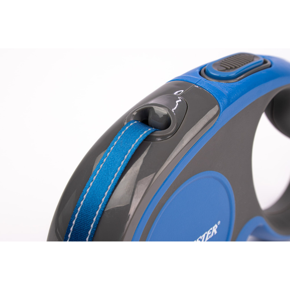 Blue and gray retractable dog leash on a white background
