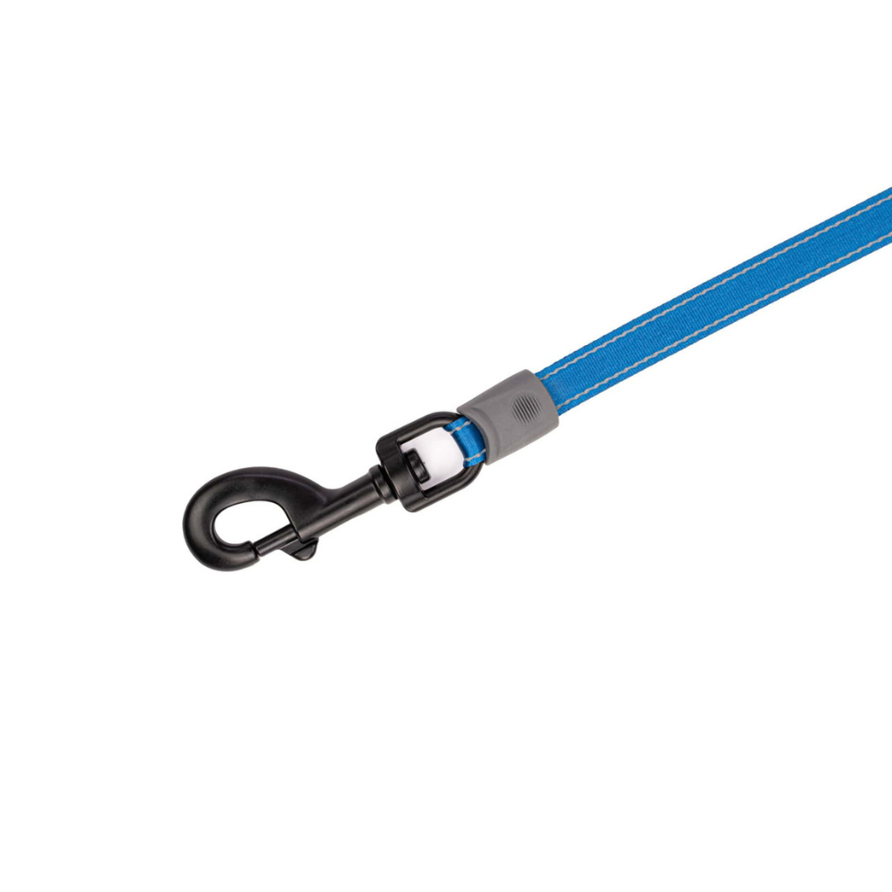 Blue dog leash with a black clip on a white background
