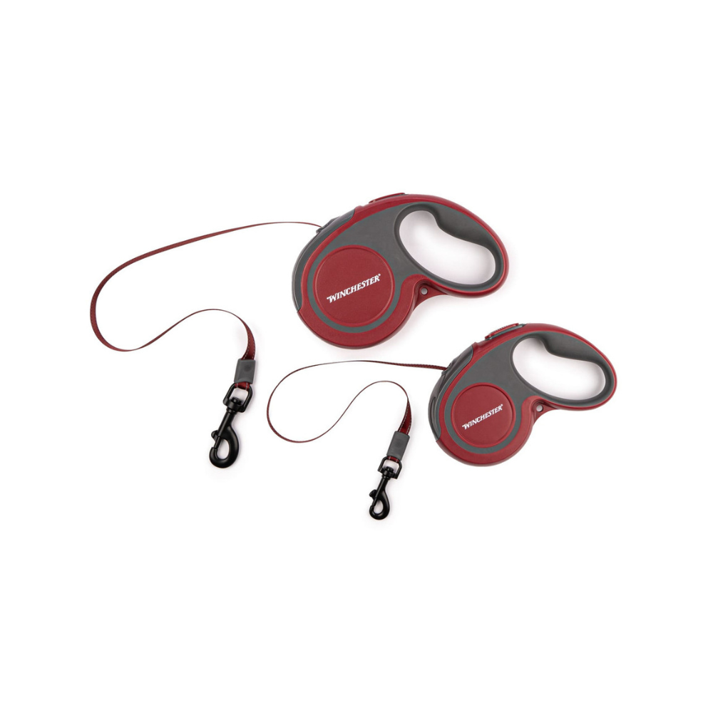 Two red and gray Winchester retractable dog leashes on a white background