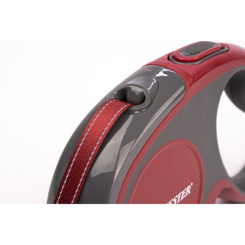 Close-up of a red and gray dog leash with a brand logo on a white background