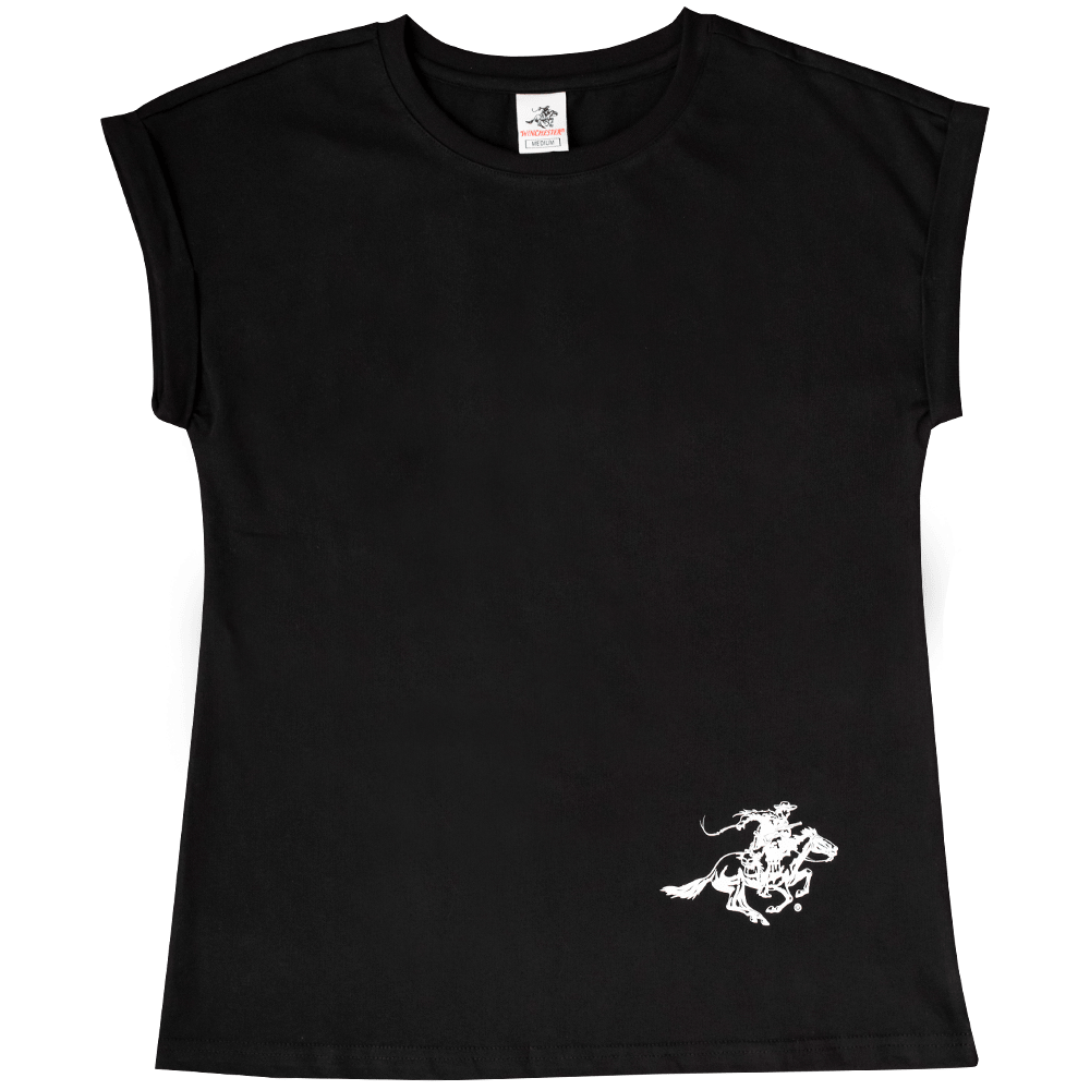 WinchestHer women's black t-shirt front view with logo