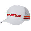 White cap with red 'Winchester' text and orange stripe on a white background