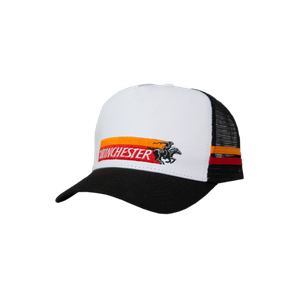 Winchester Vintage Edition Country Trucker Cap in white and black with red and orange stripe and galloping horse and rider logo