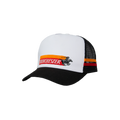 Winchester Vintage Edition Country Trucker Cap in Tri Colour, white front panel with black mesh back and red and orange stripe featuring the galloping horse and rider logo