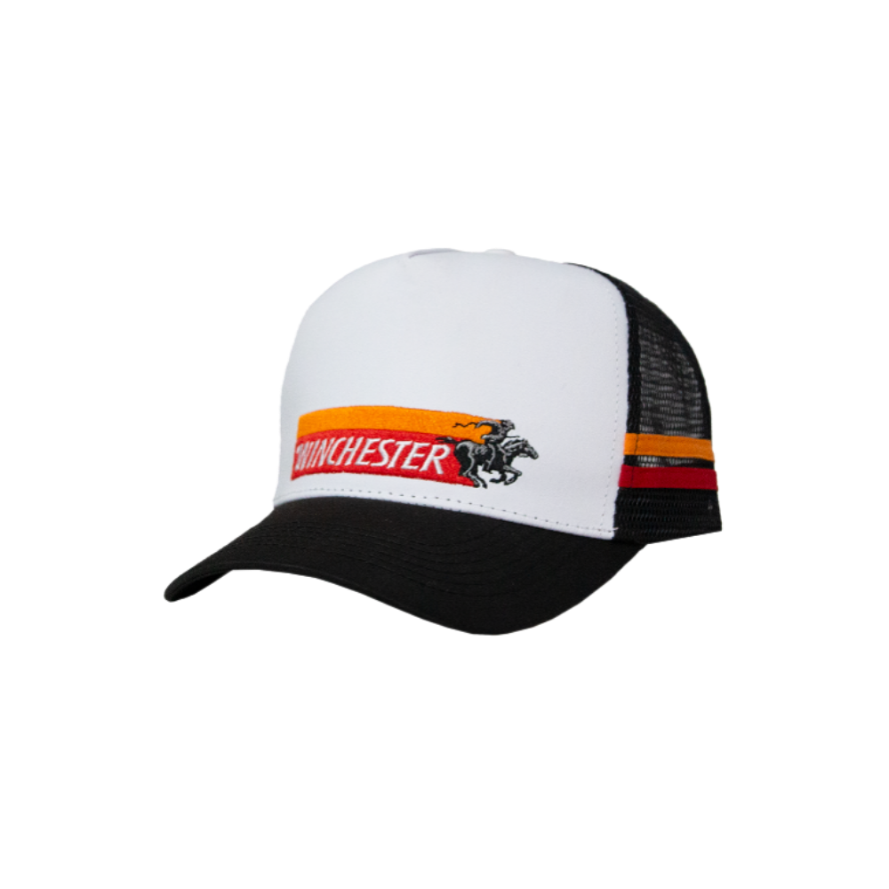 Winchester Vintage Edition Country Trucker Cap in Tri Colour, white front panel with black mesh back and red and orange stripe featuring the galloping horse and rider logo