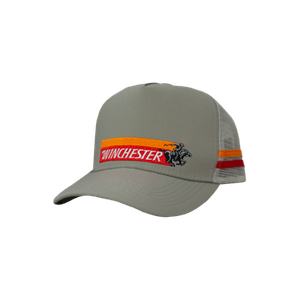 Winchester Vintage Edition Country Trucker Cap in grey with red and orange stripe and galloping horse and rider logo