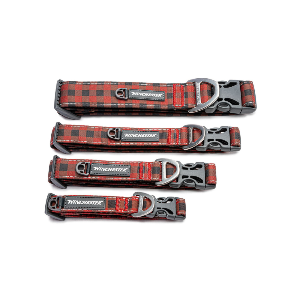 Set of four red and black plaid dog collars with 'Winchester' branding on a white background.