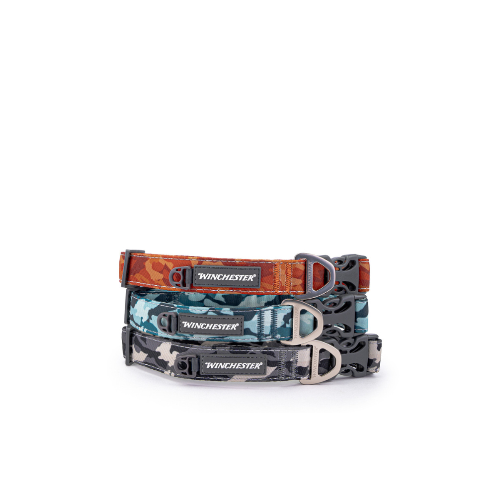 Three Winchester dog collars in different designs on a white background