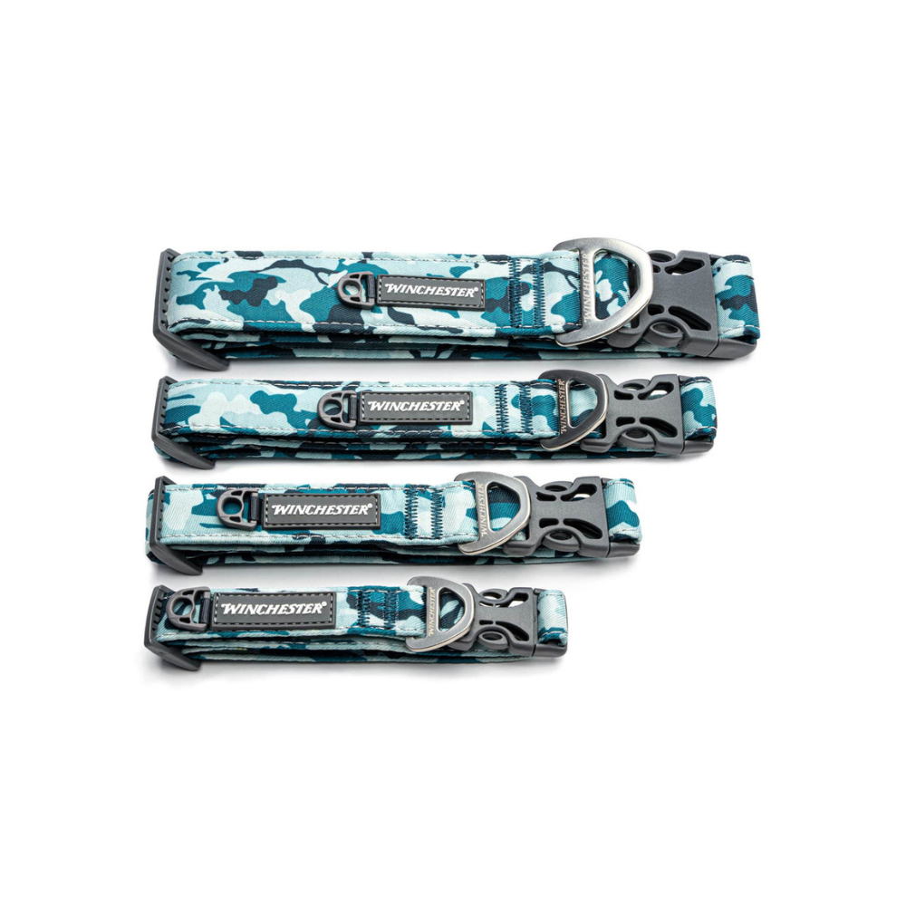 Set of four Winchester branded dog collars with camouflage pattern on a white background