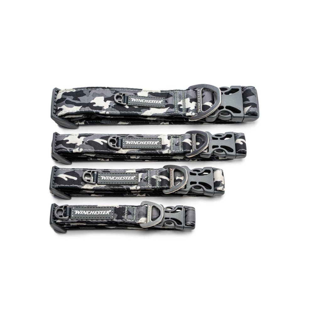 Four Winchester dog collars with camouflage pattern on a white background